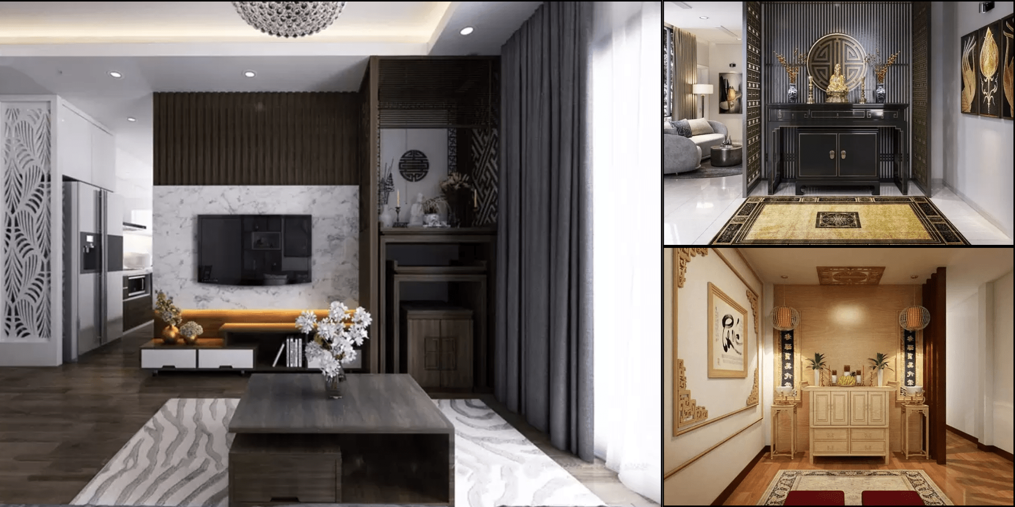 40 mẫu thiết kế phòng khách kết hợp phòng thờ nhà ống đẹp 2025