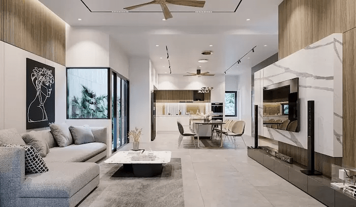 35 mẫu thiết kế phòng khách liền bếp 20m2 đẹp tiết kiệm diện tích