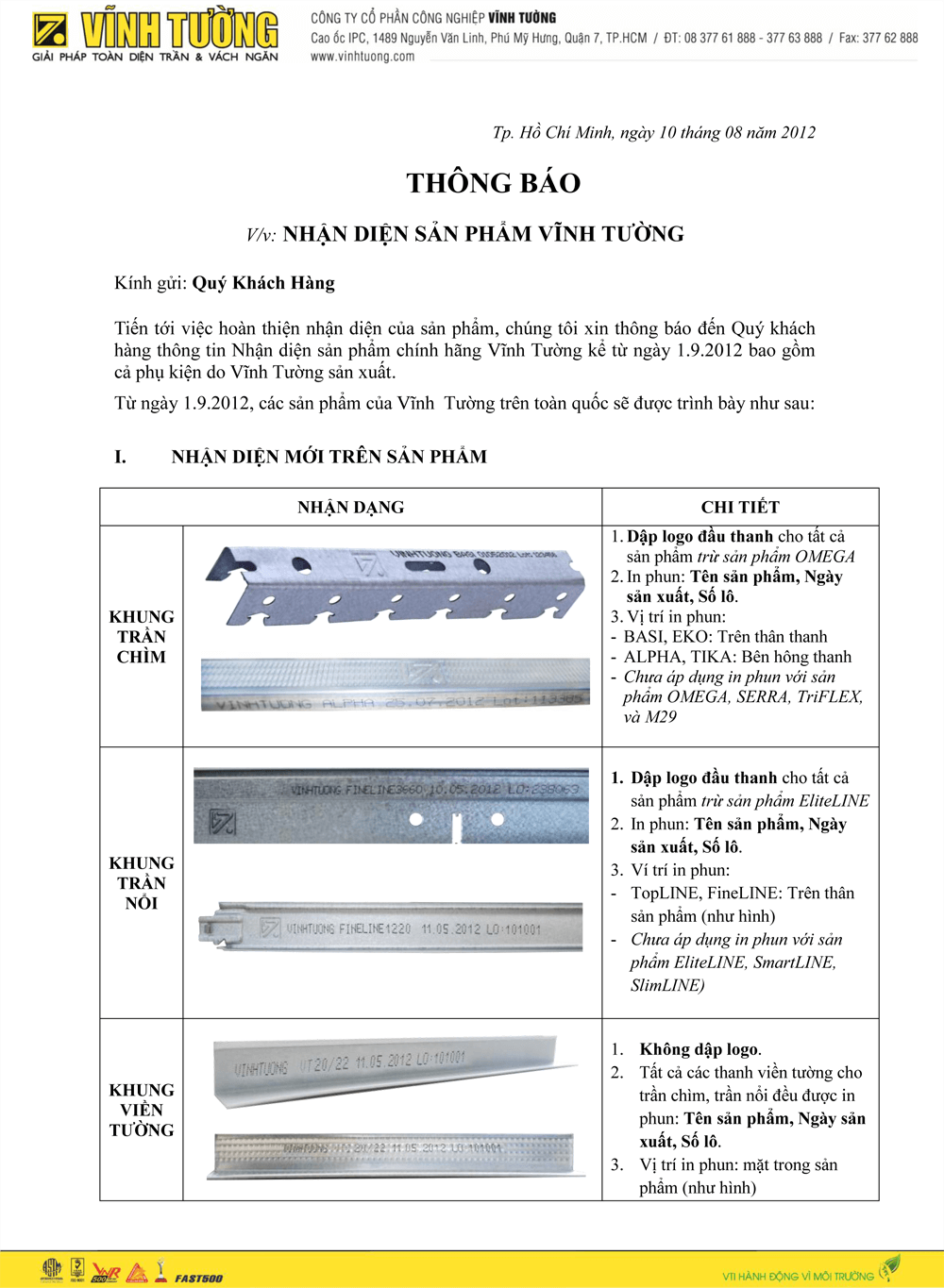 THÔNG BÁO NHẬN DIỆN SẢN PHẨM VĨNH TƯỜNG