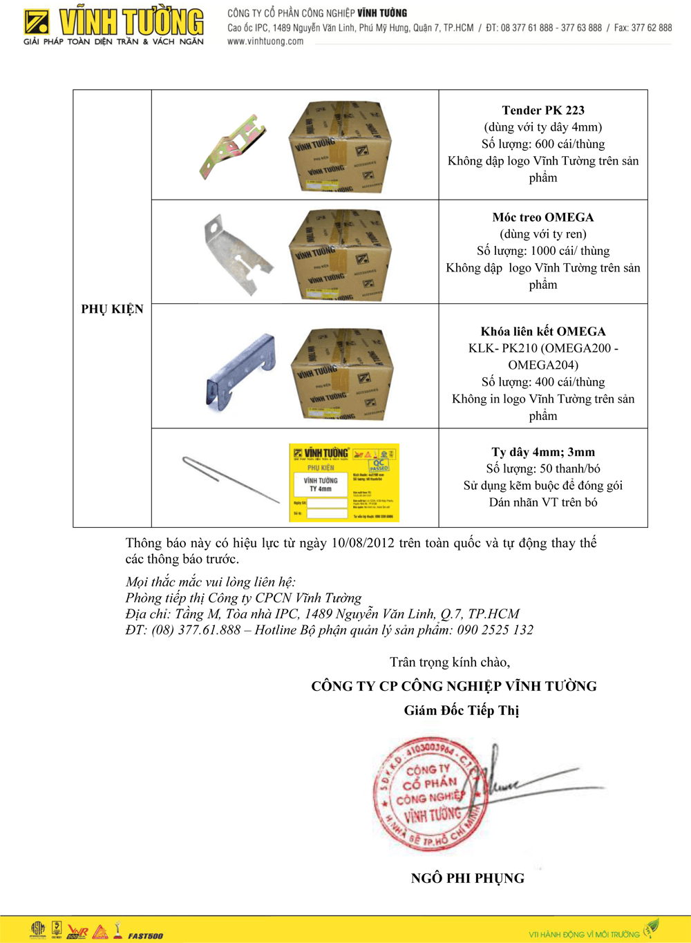 THÔNG BÁO NHẬN DIỆN SẢN PHẨM VĨNH TƯỜNG
