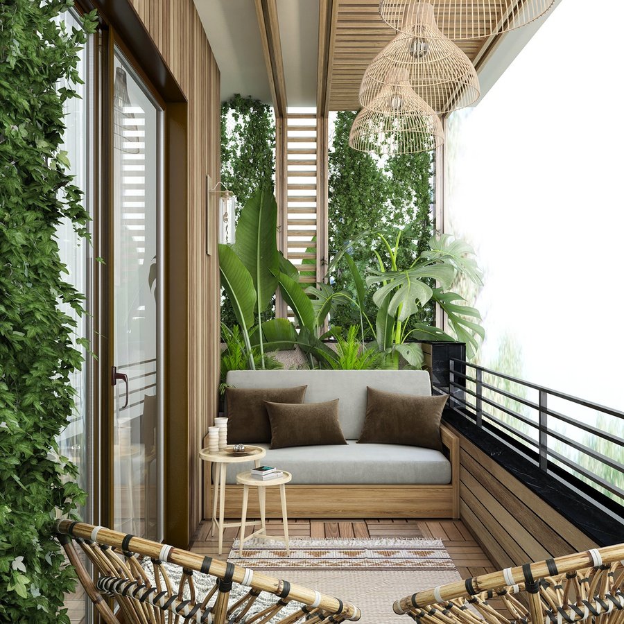 cây xanh và hoa nở giúp ban công tràn đầy sức sống