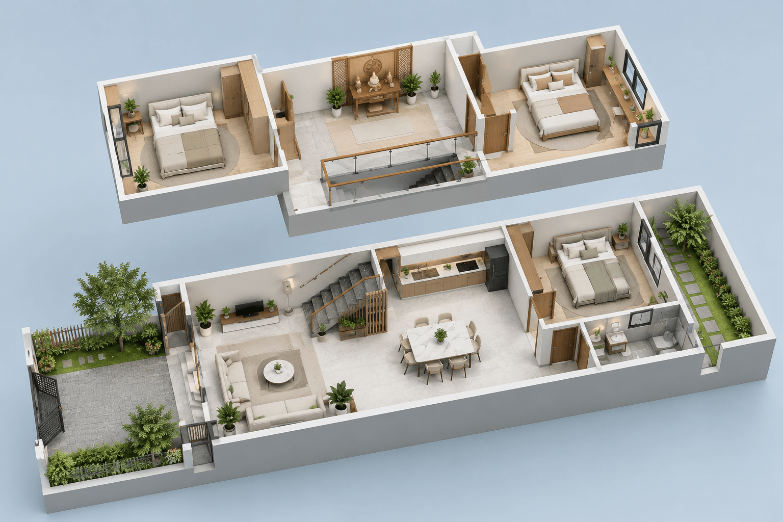 Bản vẽ 3D mẫu nhà gác lửng 3 phòng ngủ bố trí phòng thờ riêng trên tầng lửng, tạo không gian thờ cúng trang nghiêm và yên tĩnh