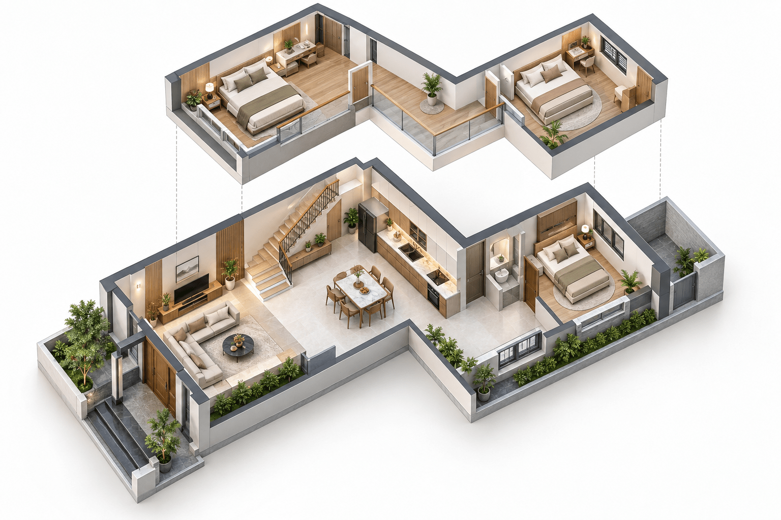 Bản vẽ 3D mẫu nhà gác lửng 3 phòng ngủ chữ L thể hiện cách bố trí không gian sinh hoạt tiện nghi và tối ưu diện tích sử dụng