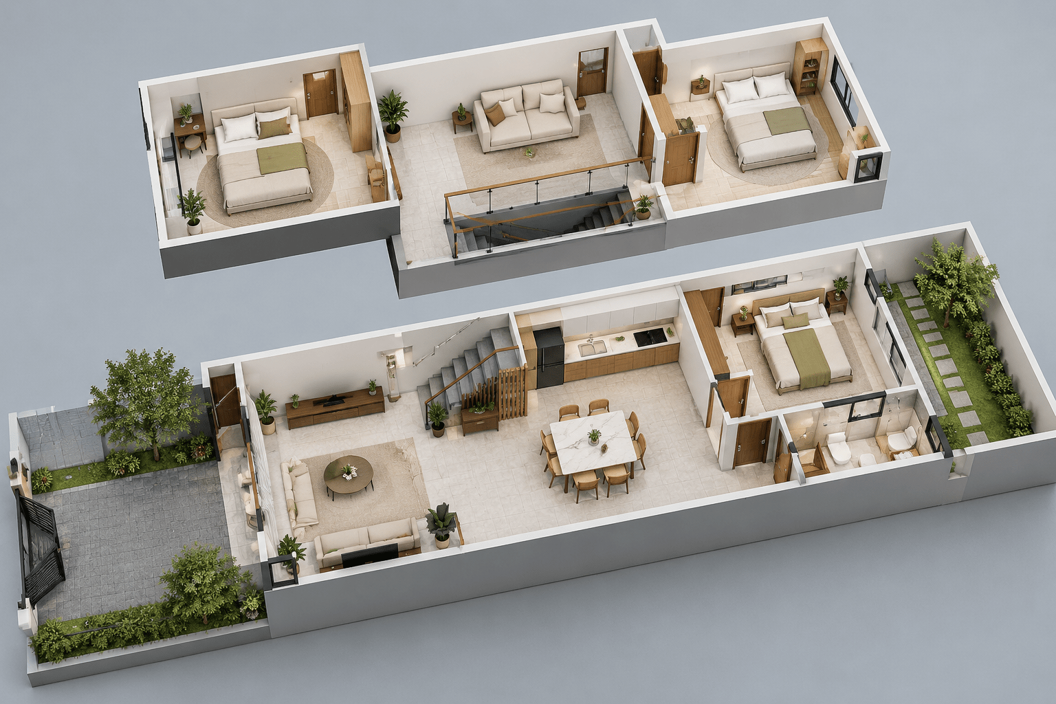 Bản vẽ 3D mẫu nhà gác lửng 3 phòng ngủ hiện đại giúp hình dung trực quan cách bố trí nội thất và không gian sống