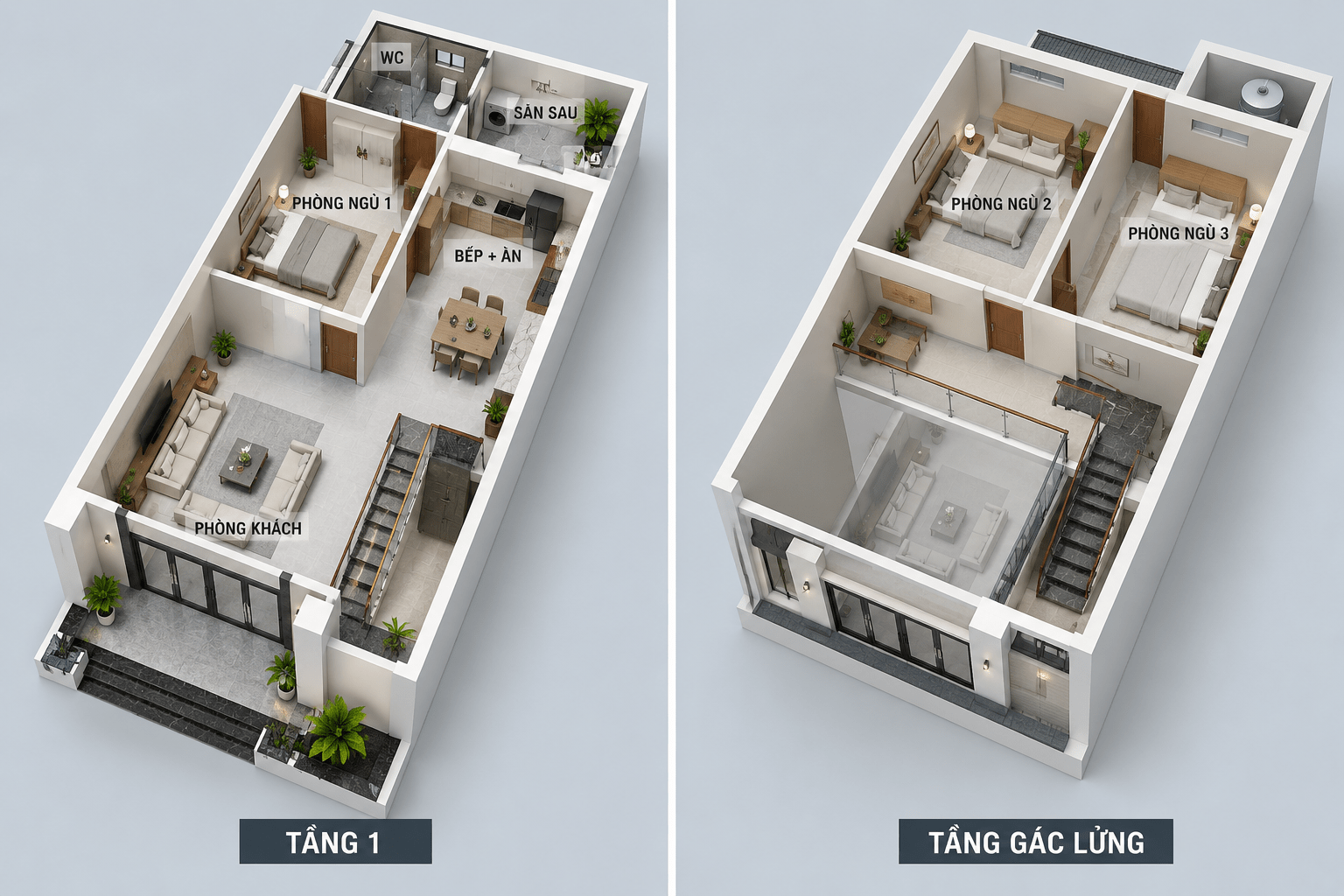Bản vẽ 3D mô tả mặt bằng tầng gác lửng của mẫu nhà 3 phòng ngủ với bố cục tối giản và công năng rõ ràng