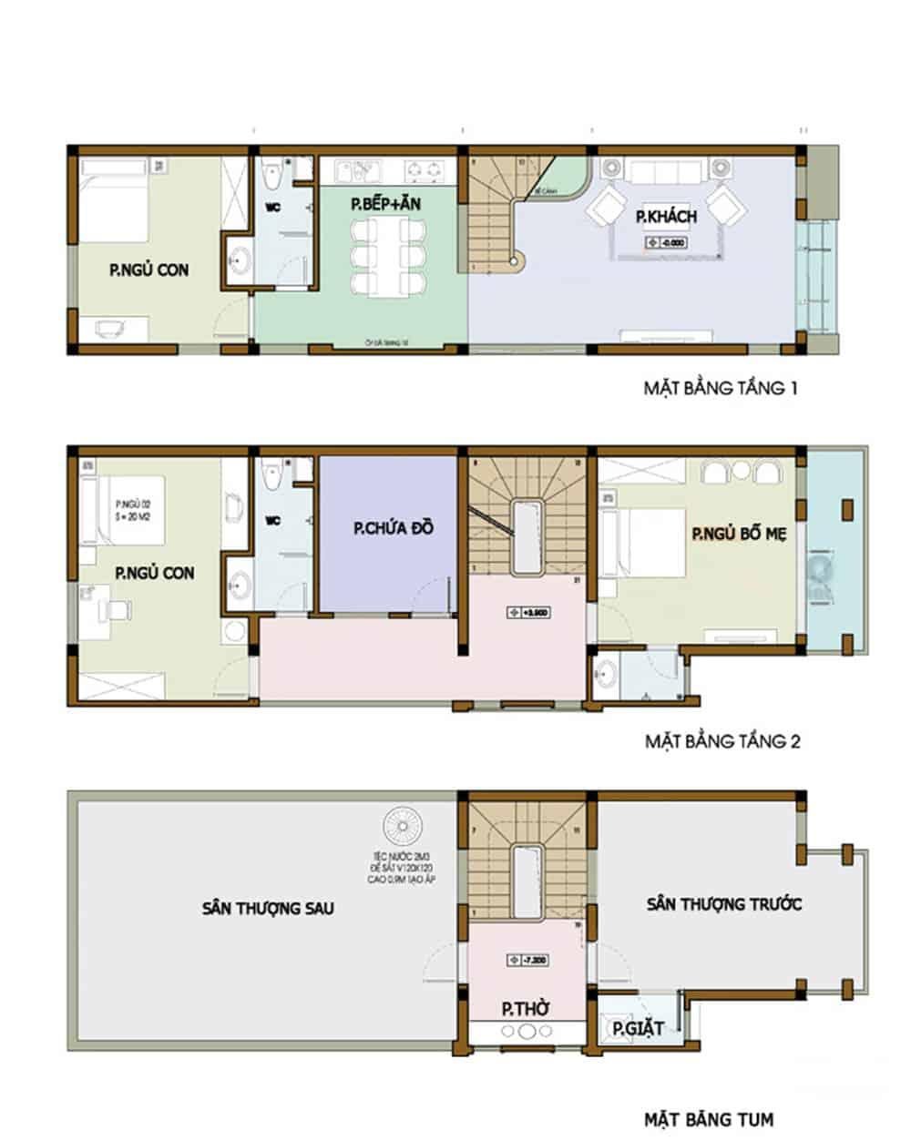 Bản vẽ 3D nhà ống 2 tầng 5x20 có 1 tum