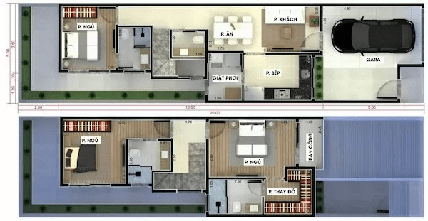 Bản vẽ 3D nhà ống 2 tầng 5x20 có thiết kế một khoảng sân trước để làm gara