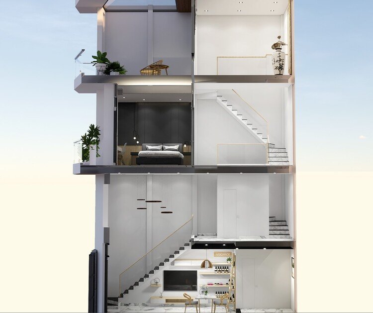 Bản vẽ 3D nhà ống 3 tầng mái bằng tiện nghi