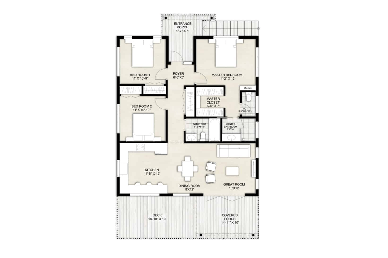 Bản vẽ bố trí công năng nhà cấp 4 mái Thái 8x12m