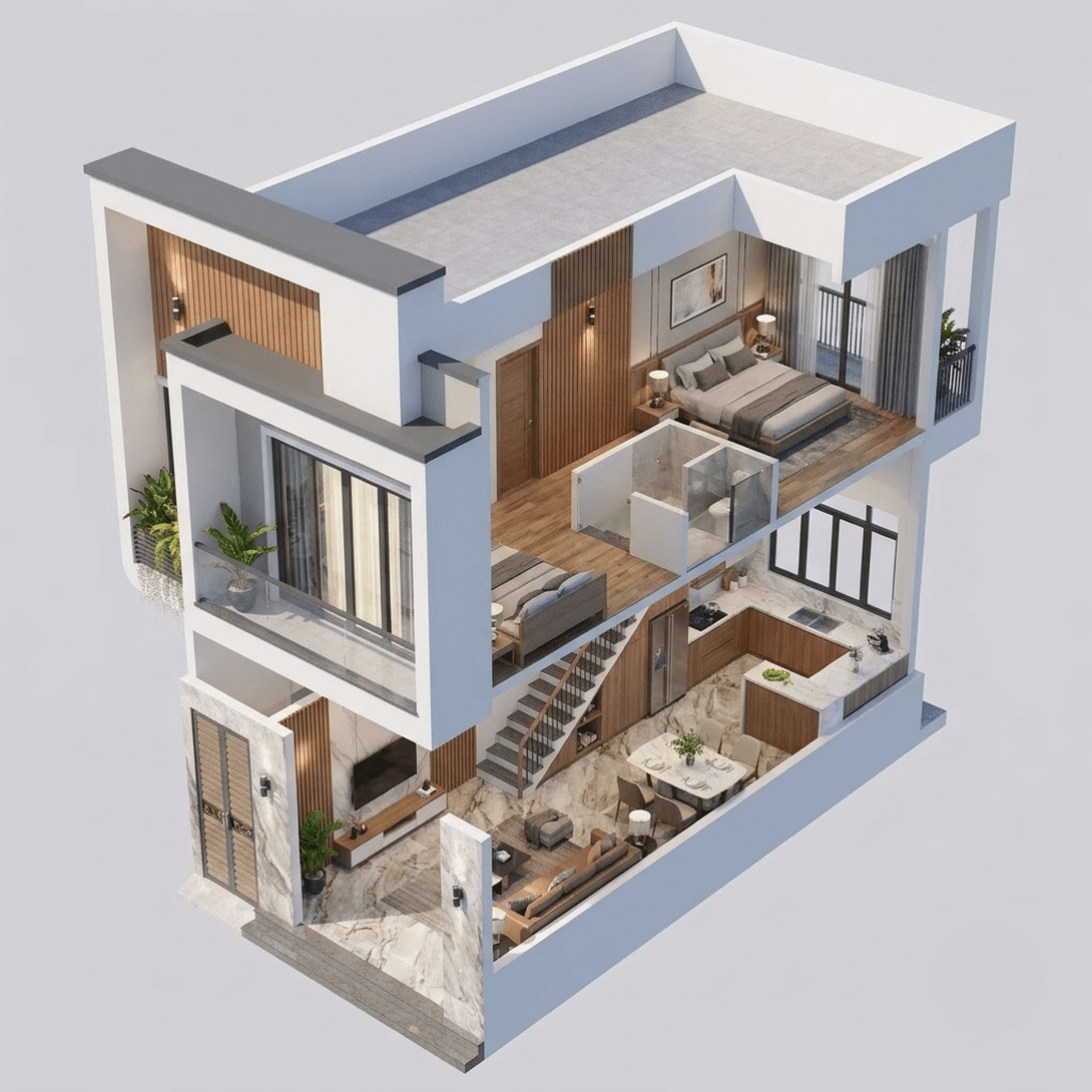 Bản vẽ công năng mẫu mặt tiền nhà ống 2 tầng hiện đại