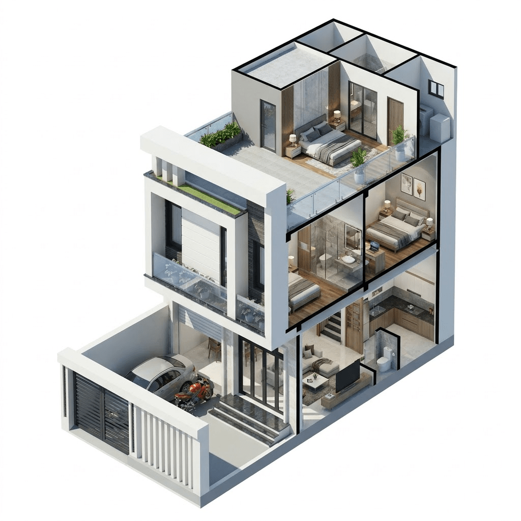 Bản vẽ công năng nhà ống 2 tầng 3 phòng ngủ có gara để xe