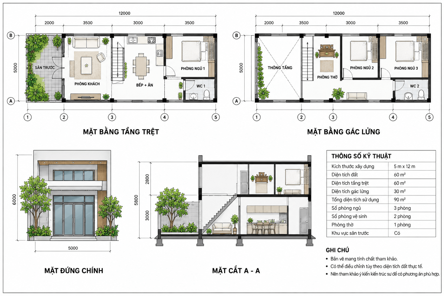 Bản vẽ kỹ thuật mẫu nhà gác lửng 3 phòng ngủ có phòng thờ thể hiện cách phân chia không gian sinh hoạt và khu vực thờ cúng hợp lý