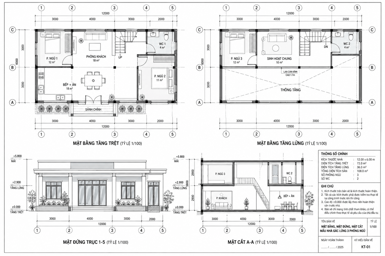 Bản vẽ kỹ thuật mẫu nhà gác lửng 3 phòng ngủ hiện đại thể hiện chi tiết mặt bằng, mặt đứng và mặt cắt công trình