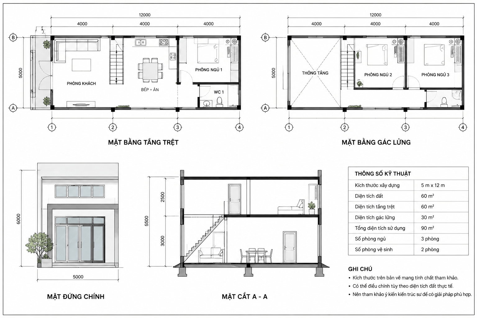 Bản vẽ kỹ thuật mẫu nhà gác lửng 3 phòng ngủ tối giản giúp gia chủ hình dung cách bố trí không gian và công năng sử dụng