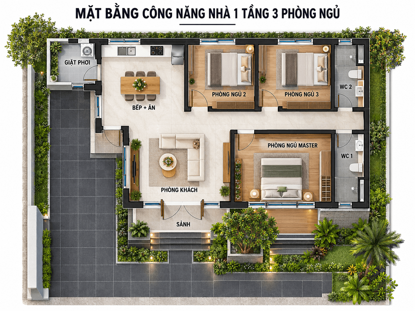 Bản vẽ mặt bằng công năng nhà 1 tầng 3 phòng ngủ kết hợp các mảng xanh