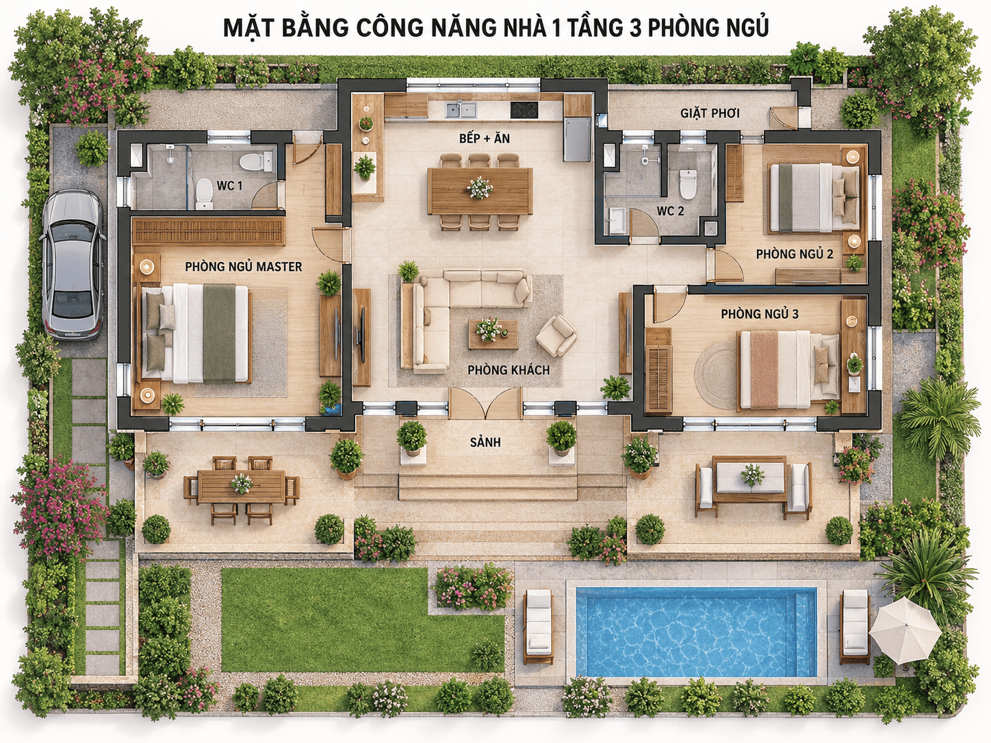 Bản vẽ mặt bằng công năng nhà cấp 4 mái Thái 3 phòng ngủ có sân vườn và hồ bơi