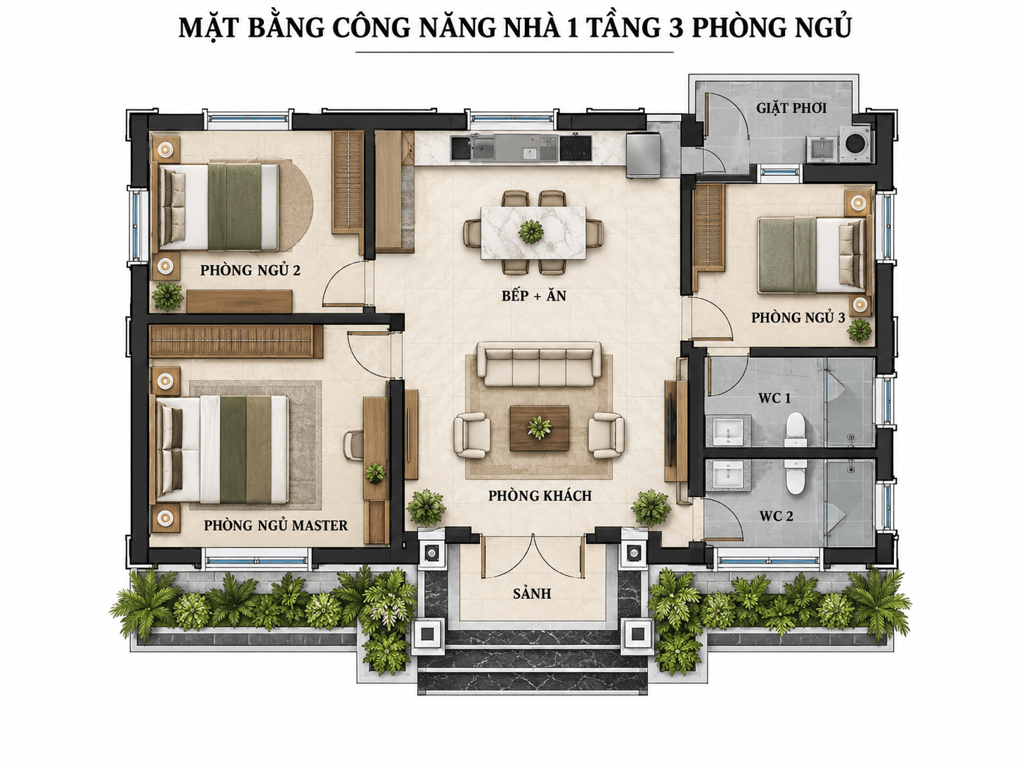 Bản vẽ mặt bằng công năng nhà cấp 4 mái Thái nông thôn 3 phòng ngủ