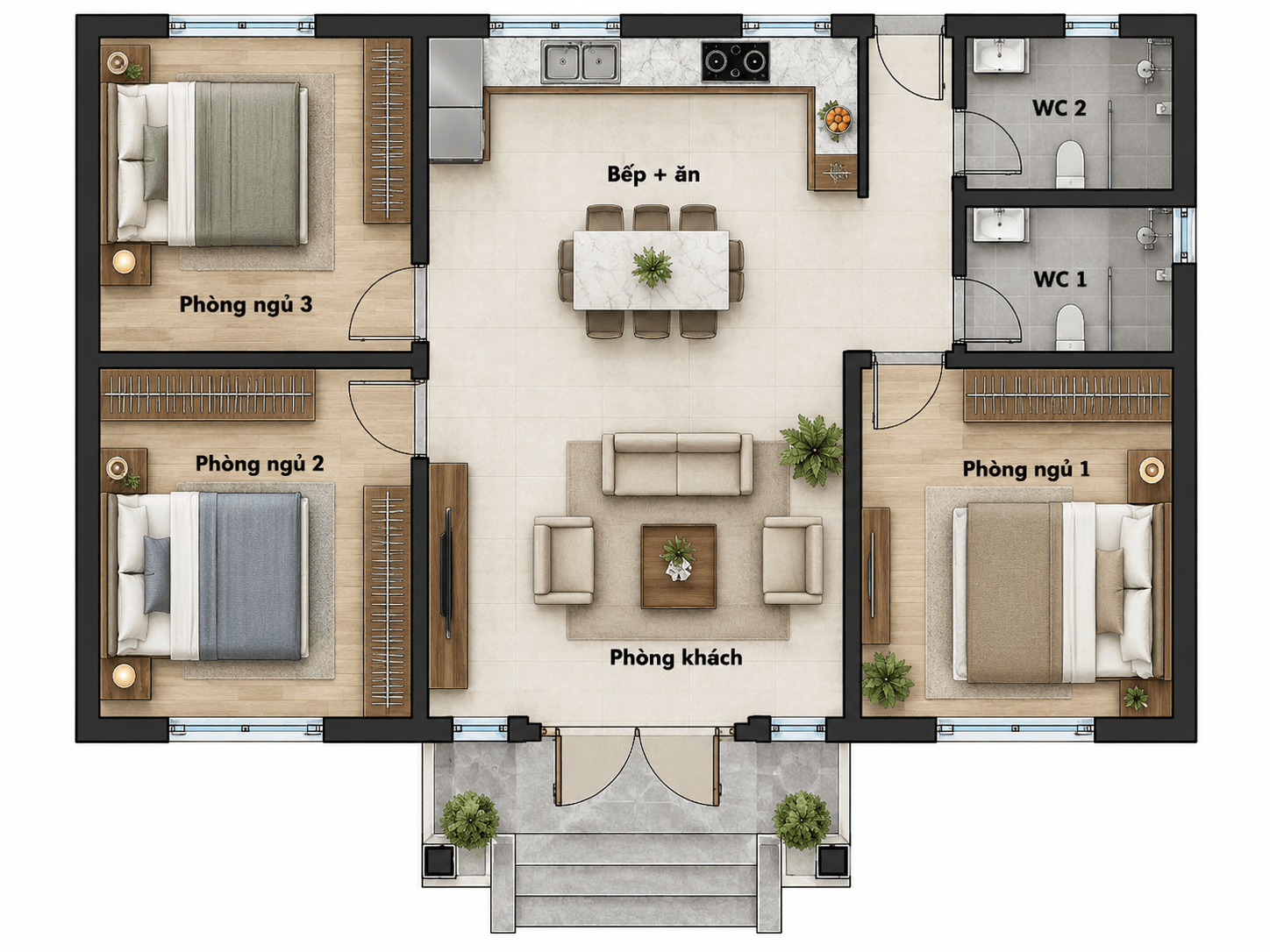 Bản vẽ mẫu nhà cấp 4 3 phòng ngủ 1 phòng khách liền bếp tham khảo