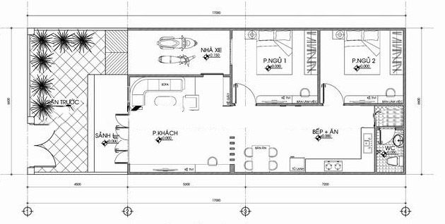 Bản vẽ mẫu nhà cấp 4 chữ L có sân vườn 2 phòng ngủ đối diện khu bếp + ăn
