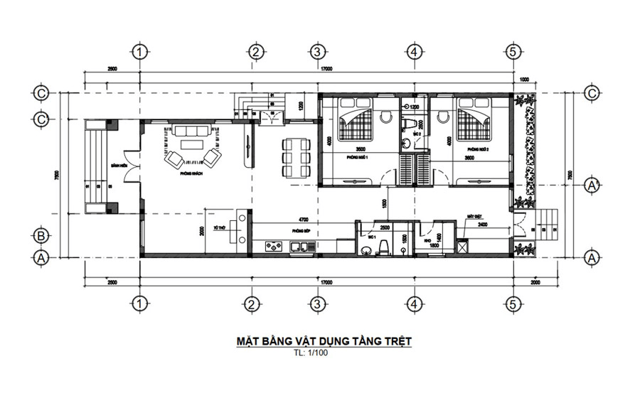 Bản vẽ mẫu nhà cấp 4 chữ L mái bằng tân cổ điển có bàn thờ đặt tại phòng khách