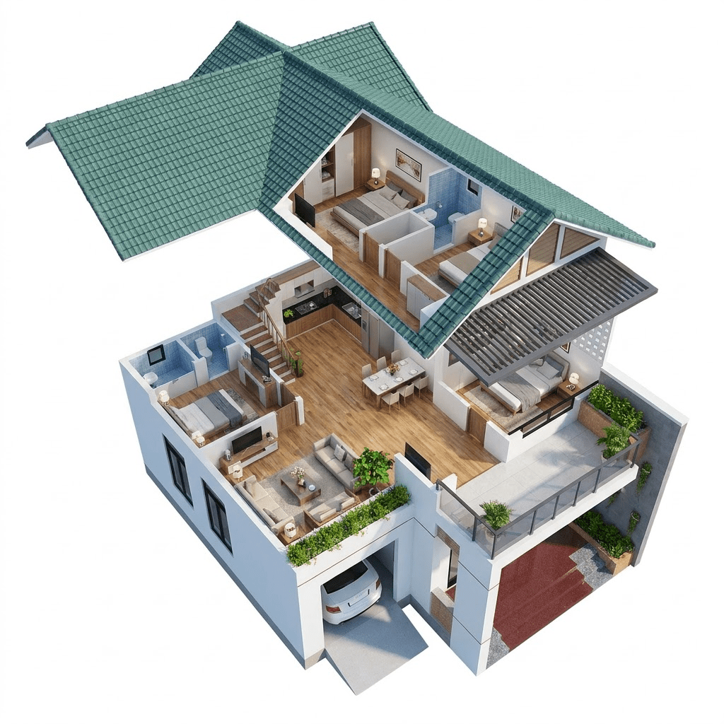 Bản vẽ mẫu nhà ống 2 tầng mái Thái thiết kế hình chữ L