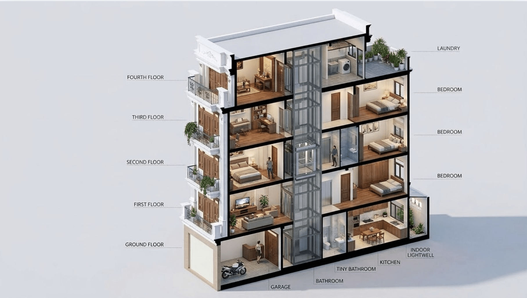 Bản vẽ mẫu nhà ống 5 tầng có thang máy phong cách tân cổ điển
