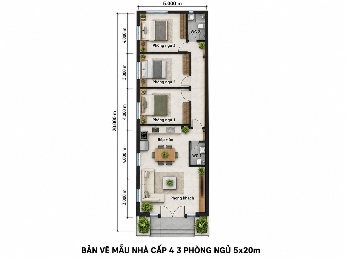 Bản vẽ mẫu tham khảo cho nhà cấp 4 3 phòng ngủ 5x20m