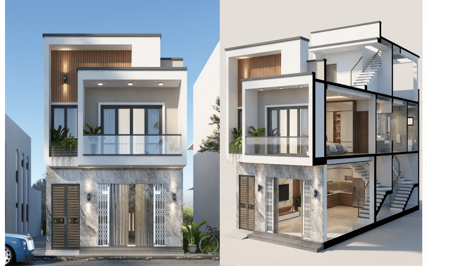 Bản vẽ nhà 2 tầng hiện đại có phòng bếp nhà ống 5m phù hợp cho khu vực thành phố