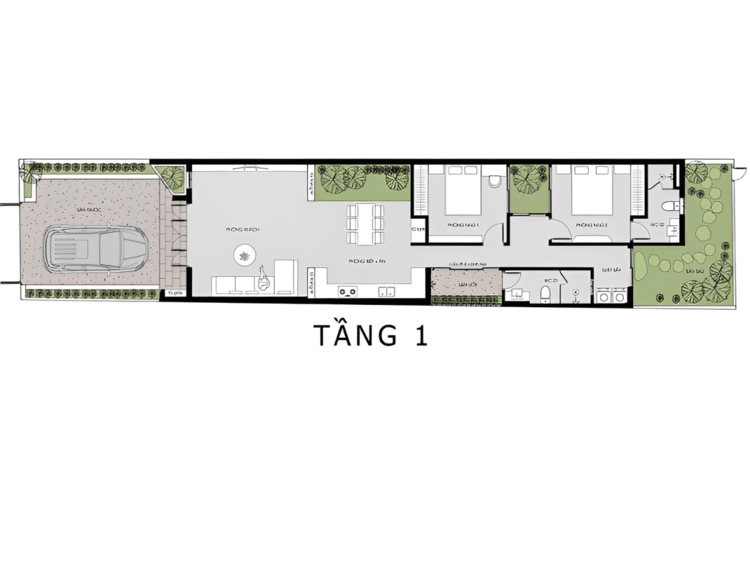 Bản vẽ nhà cấp 4 diện tích 5x20m hiện đại với sân trước rộng rãi