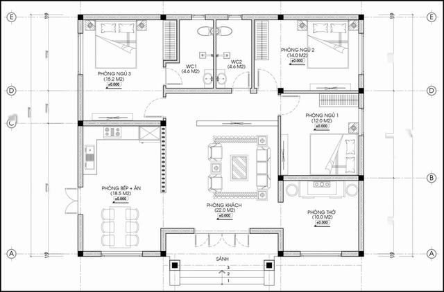 Bản vẽ nhà cấp 4 diện tích 10x10m được thiết kế vuông vức, dễ thi công và tối ưu không gian sử dụng