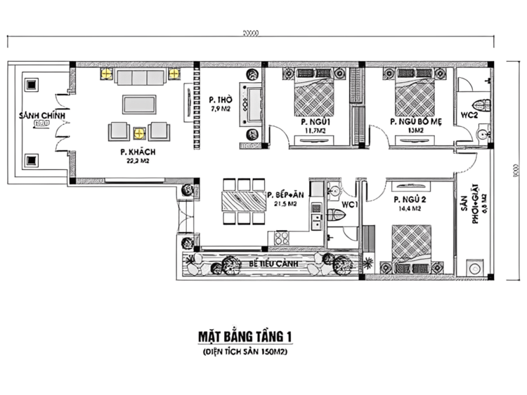 Bản vẽ nhà cấp 4 chữ L được thiết kế linh hoạt, thuận tiện cho việc phân chia các khu vực chức năng trong nhà
