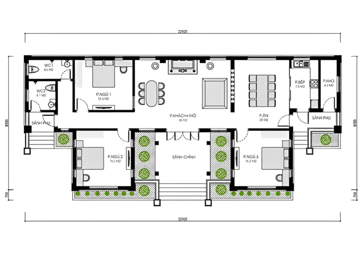 Bản vẽ nhà cấp 4 chữ U tạo không gian sống đối xứng, thông thoáng và dễ dàng bố trí sân vườn ở giữa