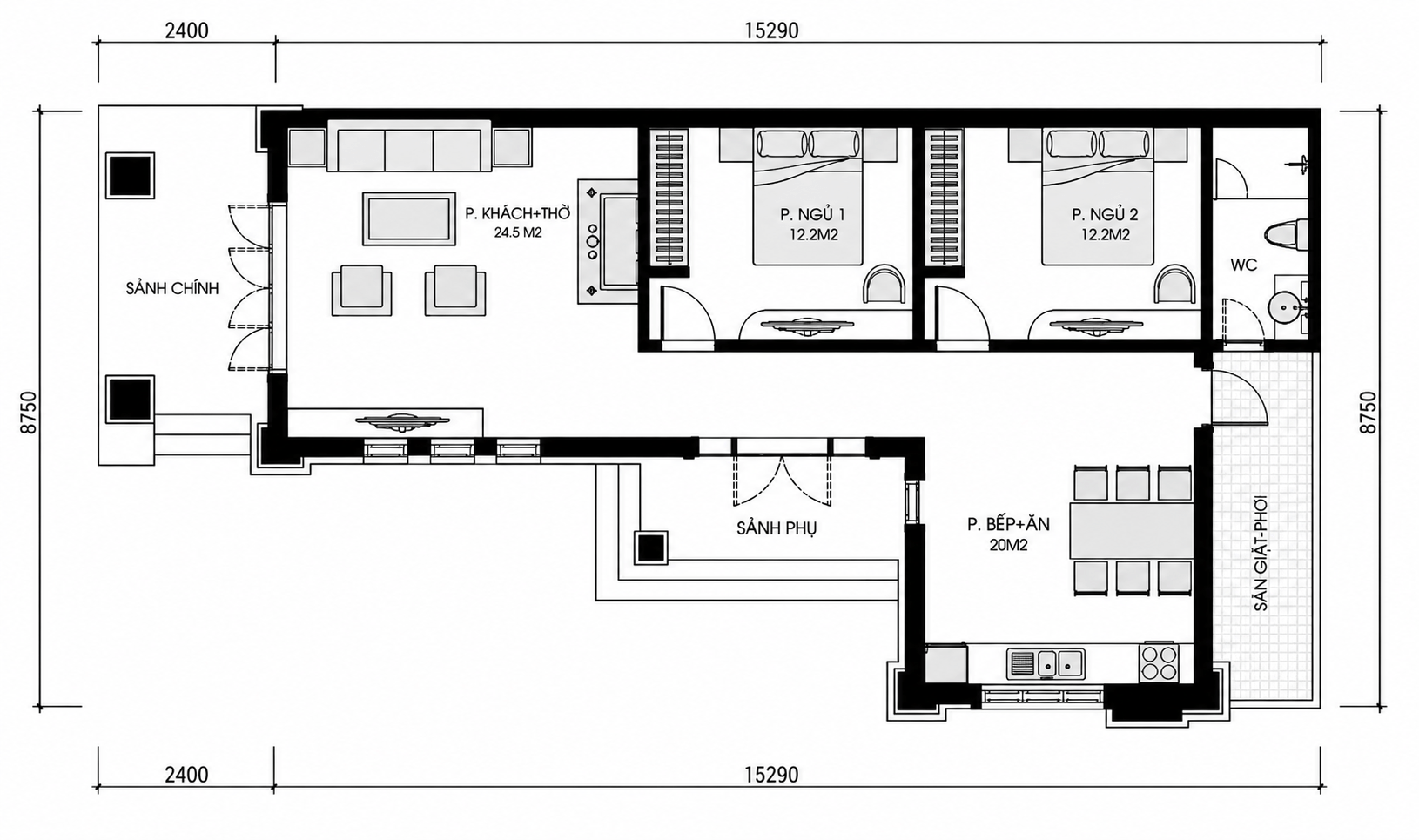 Bản vẽ nhà cấp 4 chữ L 2 phòng ngủ