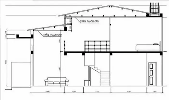 Bản vẽ nhà cấp 4 có gác lửng 5x20