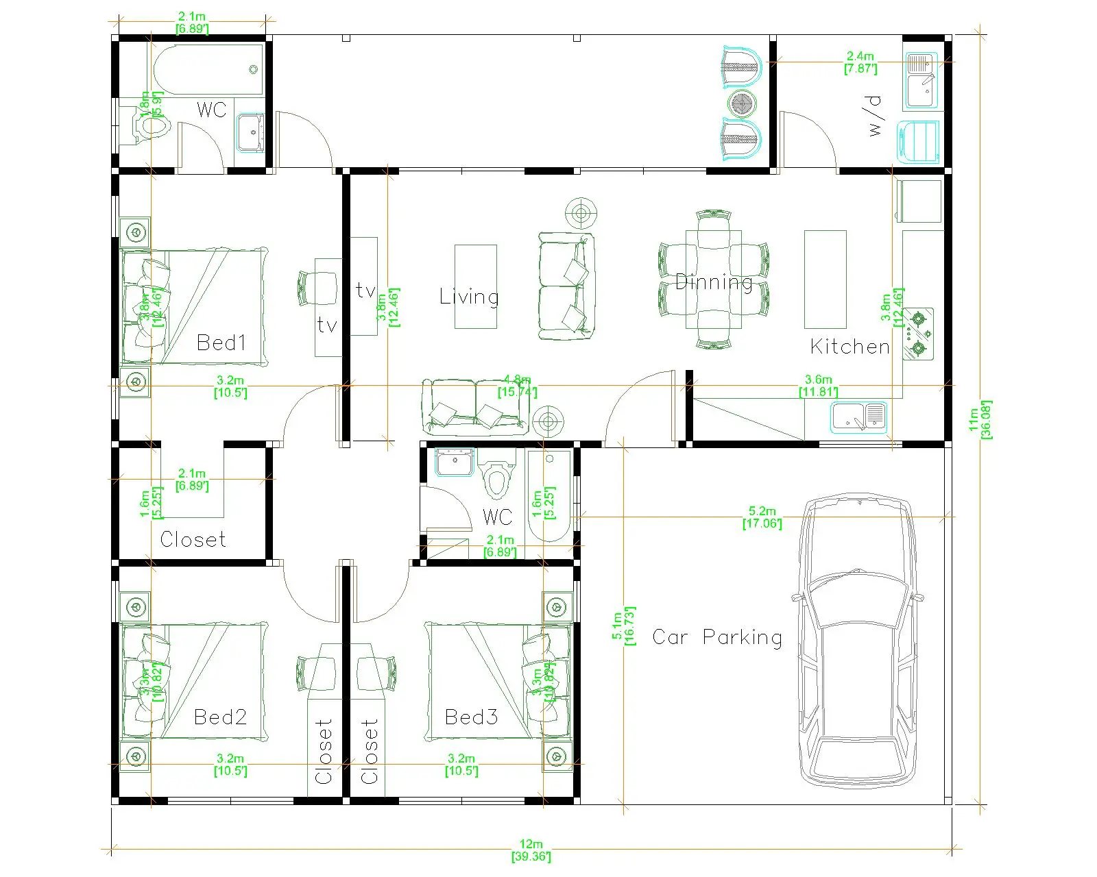 Bản vẽ nhà cấp 4 mái bằng 3 phòng ngủ với phòng khách liền bếp