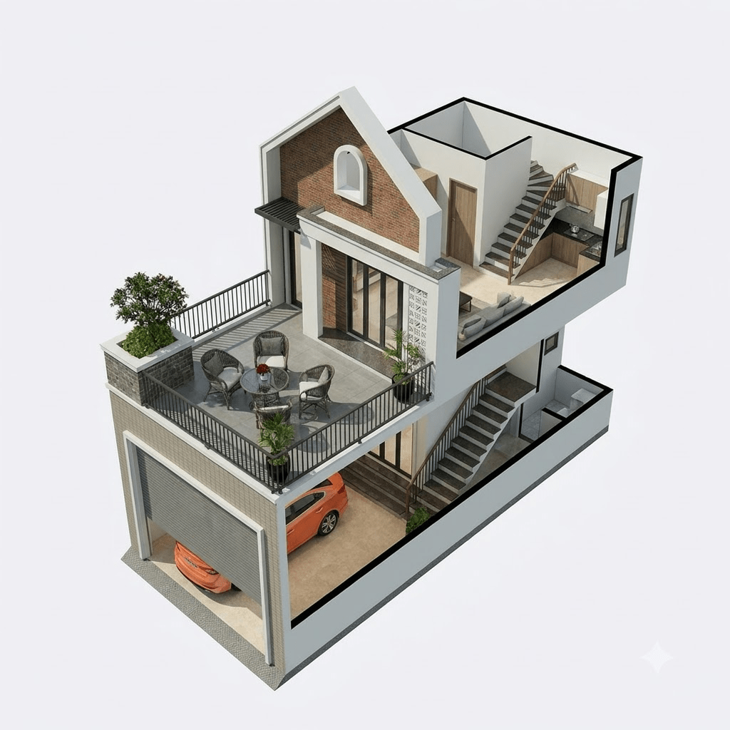 Bản vẽ nhà ống 2 tầng có gara đậu xe trước nhà