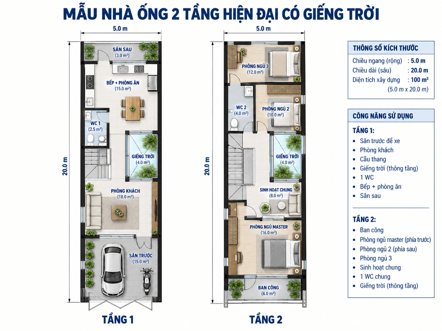 Bản vẽ nhà ống 2 tầng có giếng trời thông thoáng
