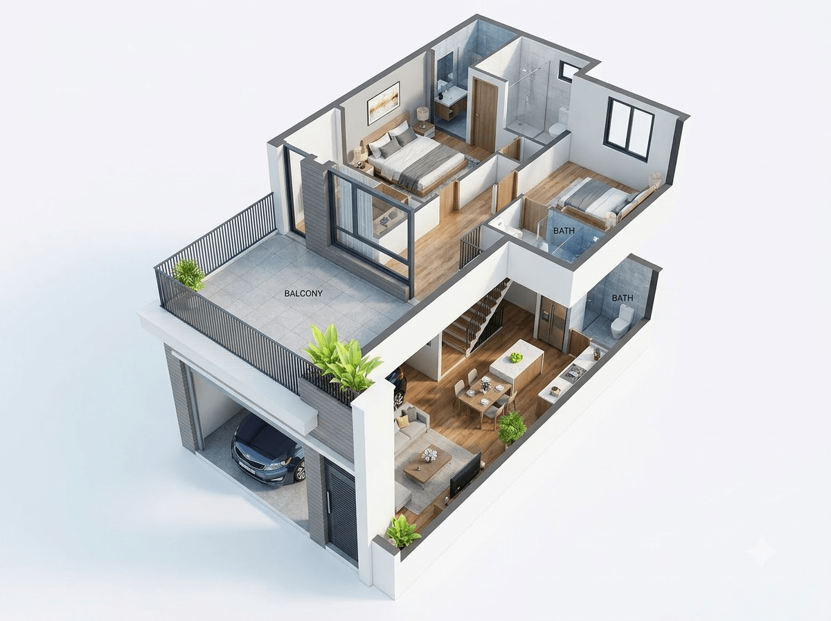 Bản vẽ nhà ống 2 tầng mặt tiền 5m có phòng bếp đẹp và gara rộng