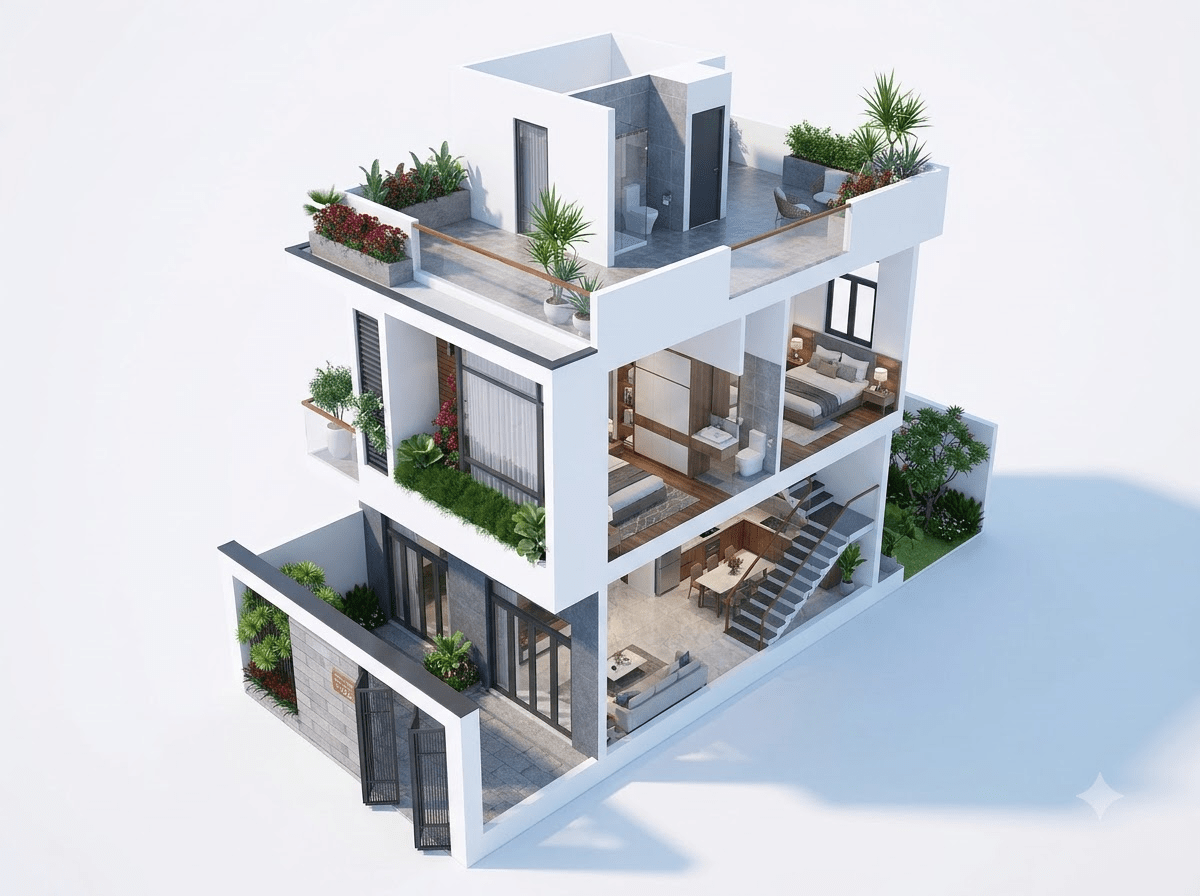 Bản vẽ nhà ống 3 tầng đẹp với mặt tiền 6m cùng phối cảnh cây xanh