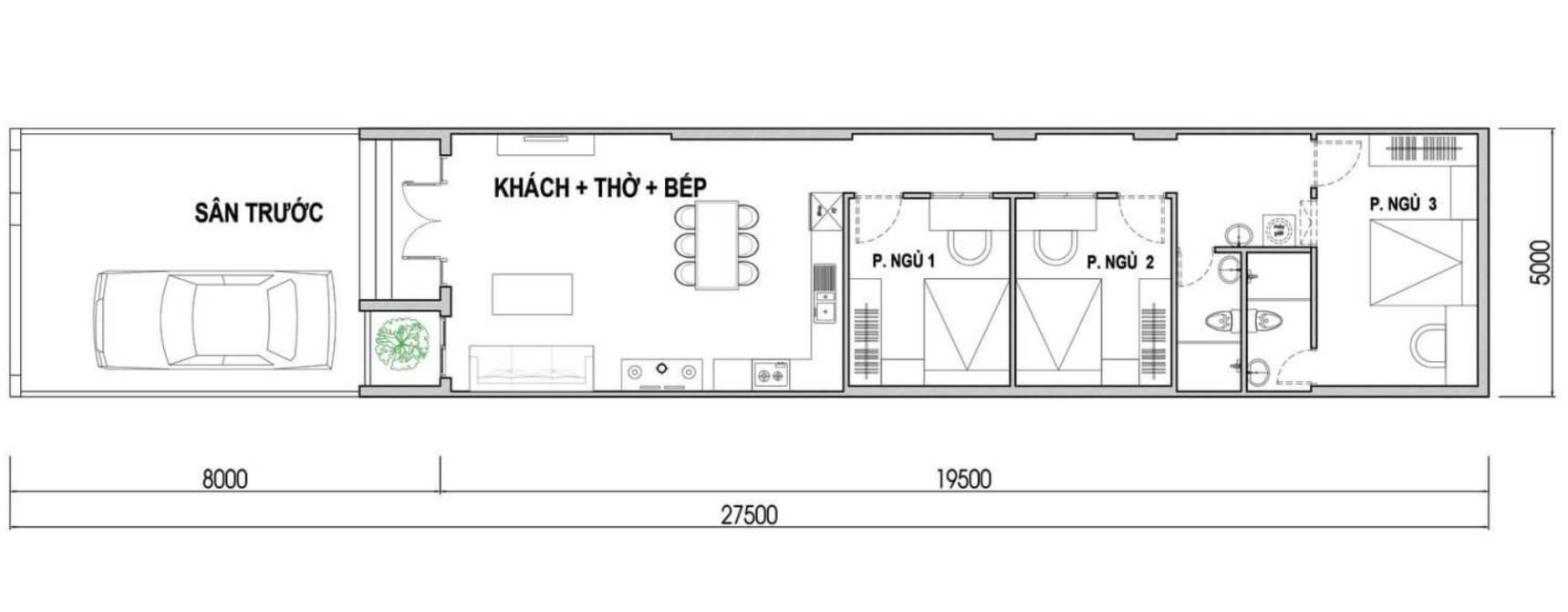Bản vẽ nhà ống cấp 4 có tổ hợp khu khách - thờ - bếp liền kề