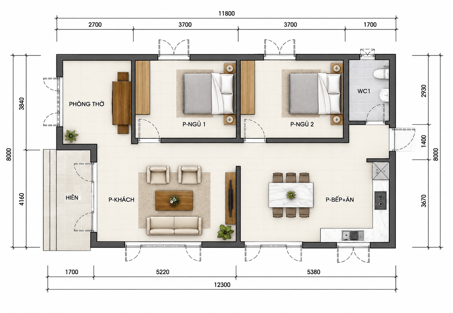 Bản vẽ tham khảo bố trí công năng nhà cấp 4 mái Thái 8x12m 2 phòng ngủ