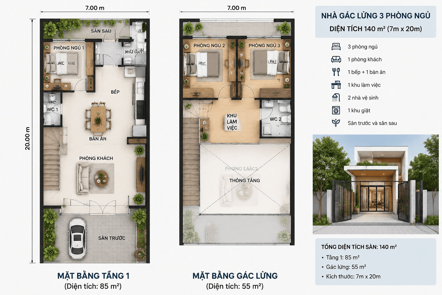 Bản vẽ tham khảo mặt bằng nhà gác lửng 3 phòng ngủ 140m2