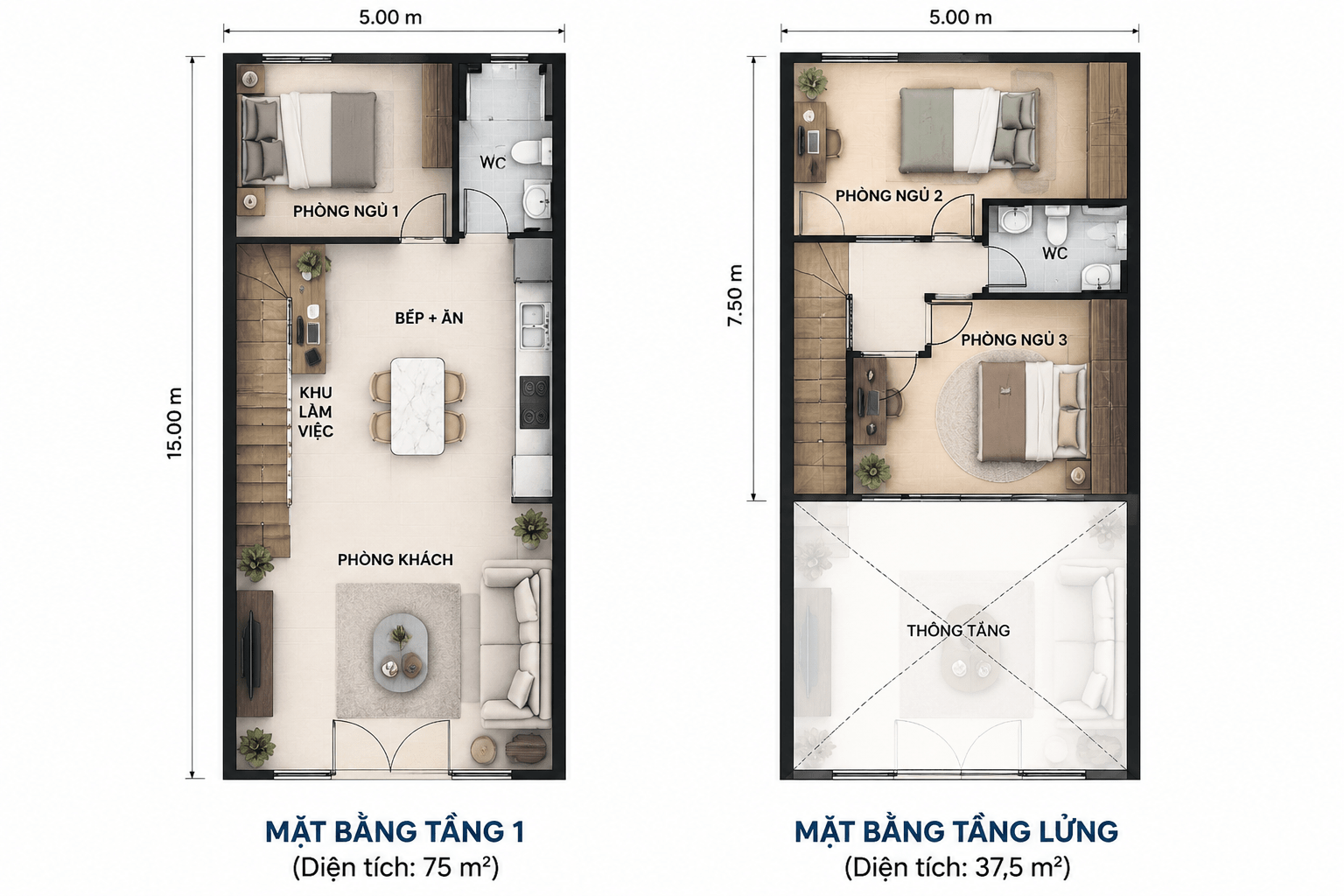 Bản vẽ tham khảo mặt bằng nhà gác lửng 3 phòng ngủ 5x15