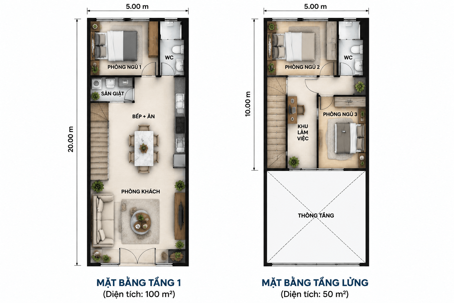 Bản vẽ tham khảo mặt bằng nhà gác lửng 3 phòng ngủ 5x20