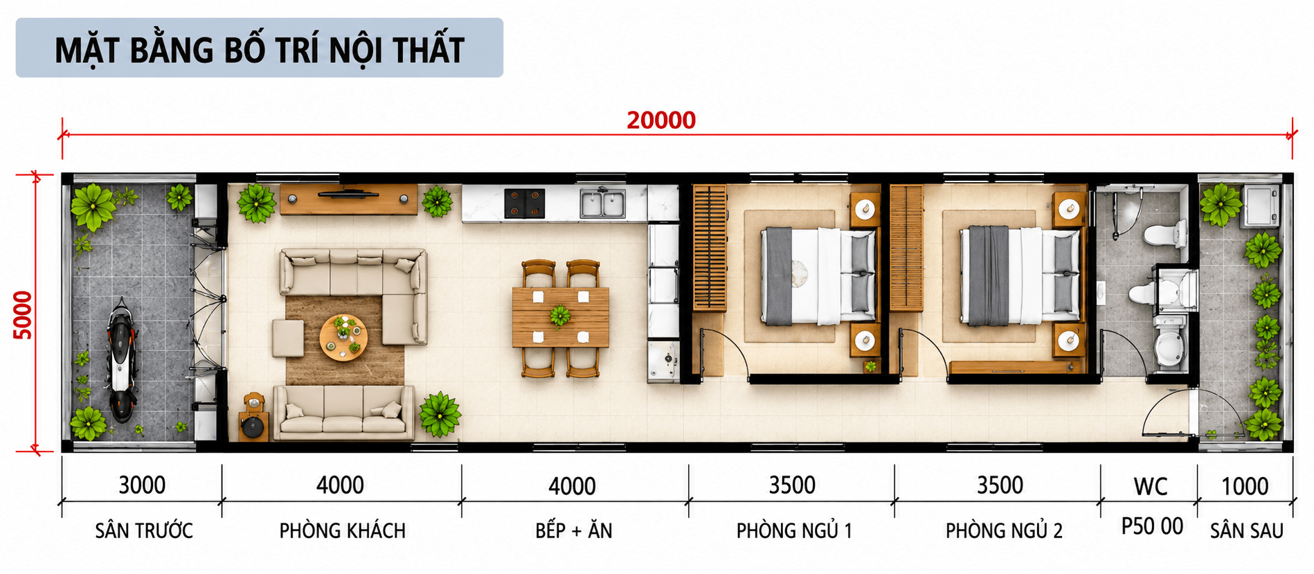 Bản vẽ tham khảo mẫu nhà cấp 4 đẹp 5x20 mái tôn 2 phòng ngủ