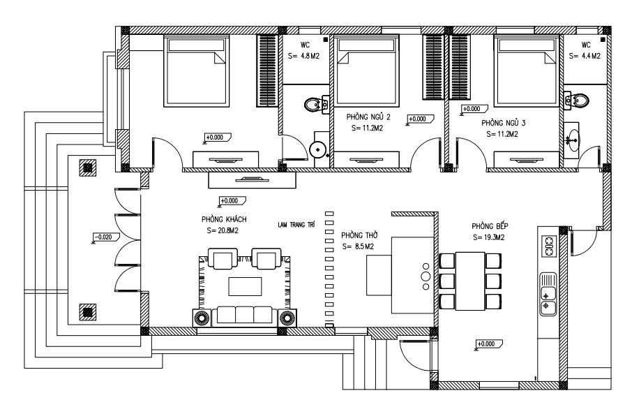 Bản vẽ tham khảo mẫu nhà cấp 4 mái Nhật 3 phòng ngủ 1 phòng thờ nhỏ 8,5m2