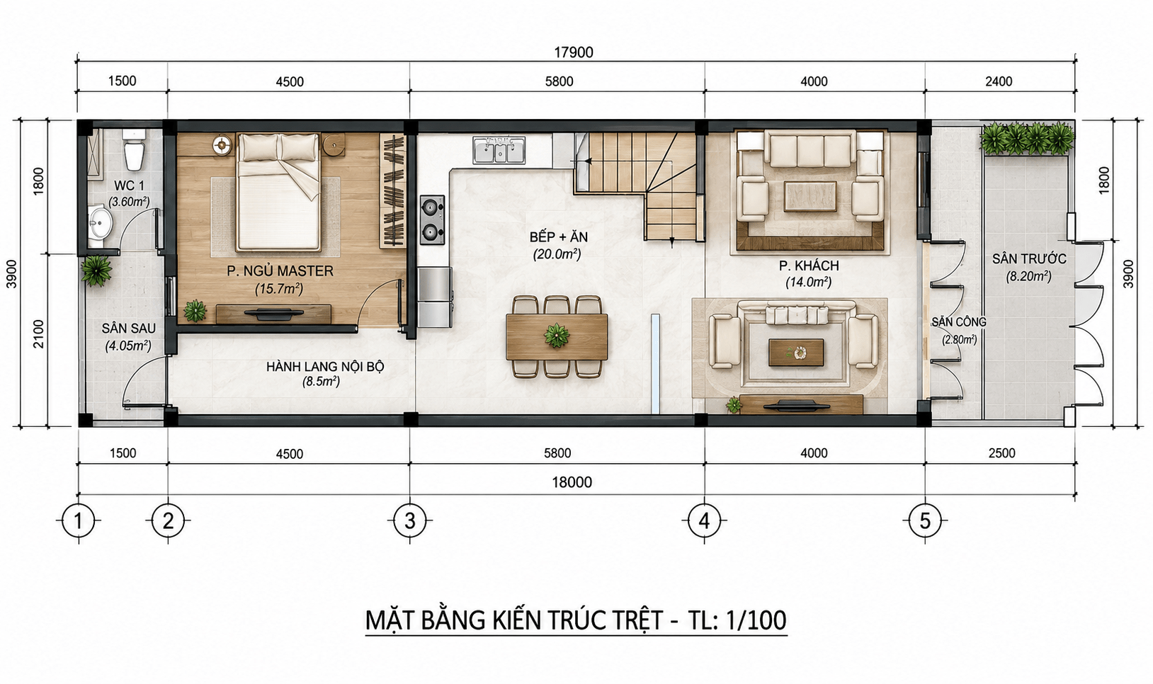 Bản vẽ tham khảo mẫu nhà ống 1 tầng 5x20m