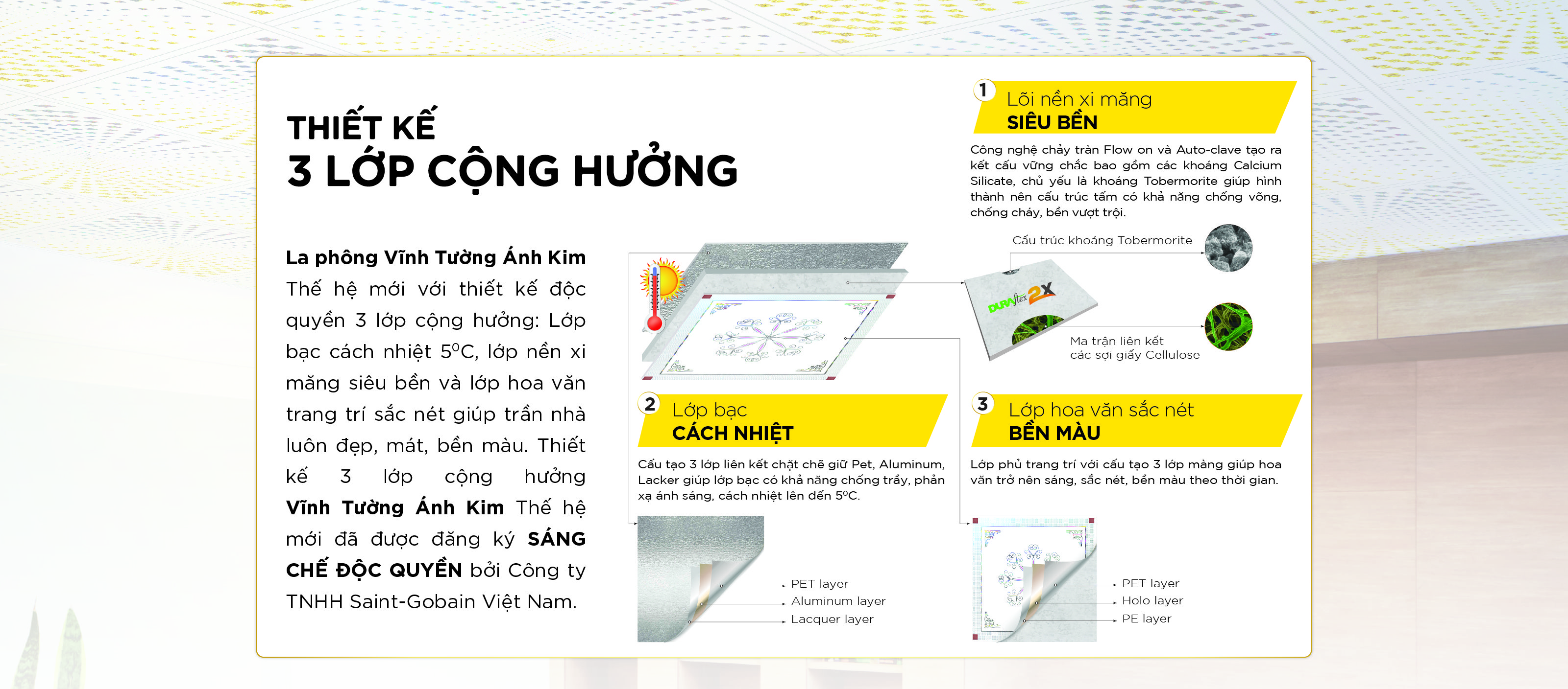 3 lớp cộng hưởng của la phông vĩnh tường ánh kim