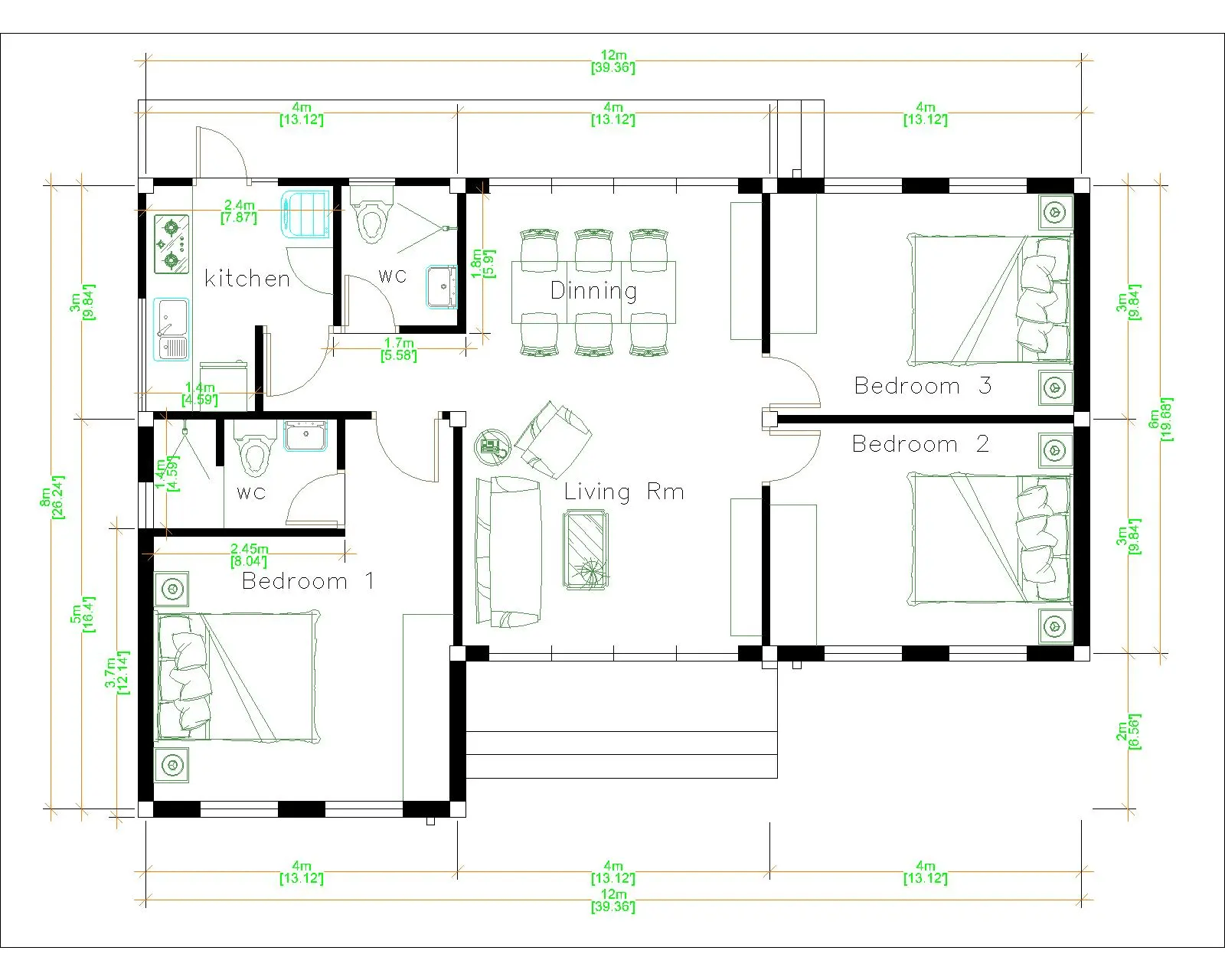Bố trí công năng tham khảo cho nhà cấp 4 mái Thái 8x12m 3 phòng ngủ