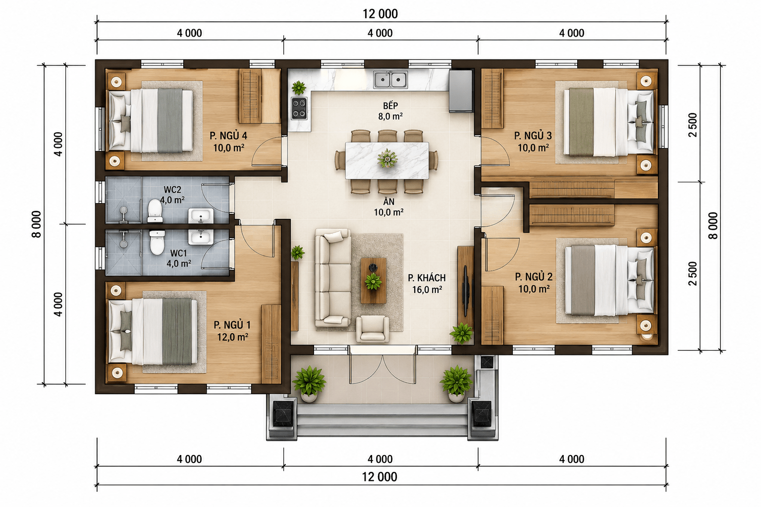 Bố trí công năng tham khảo cho nhà cấp 4 mái Thái 8x12m 4 phòng ngủ